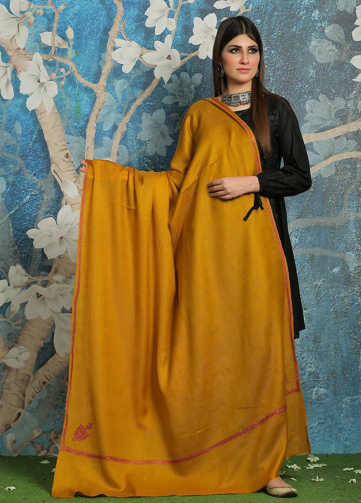 Sanaulla Exclusive Range Embroidered Pashmina  Shawl MIR-32 Lemon - Pashmina Shawls