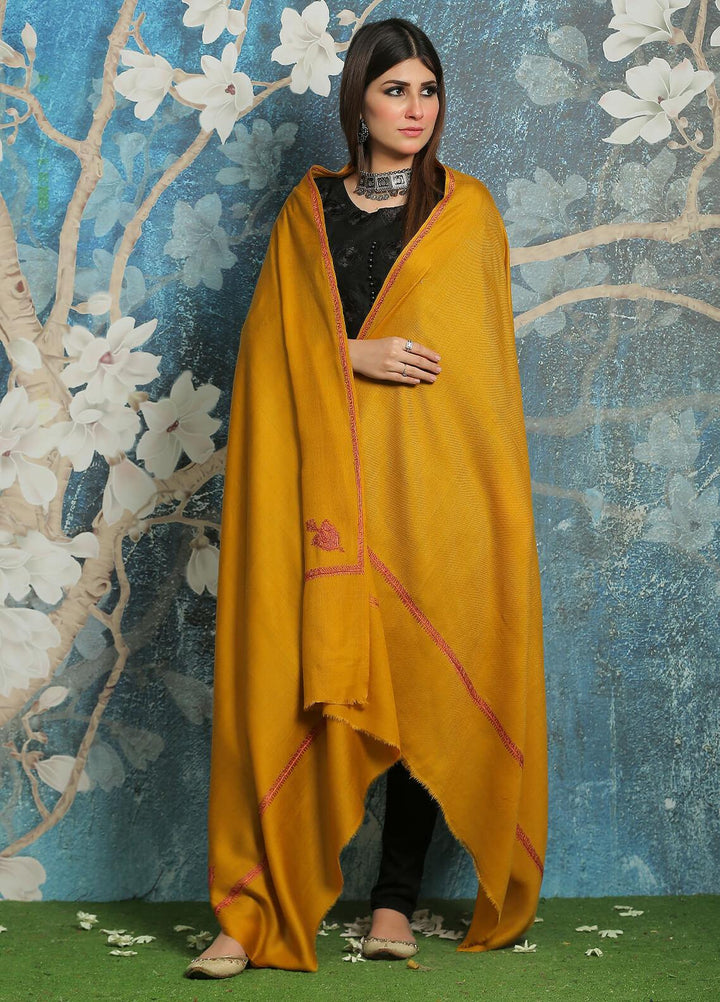 Sanaulla Exclusive Range Embroidered Pashmina  Shawl MIR-32 Lemon - Pashmina Shawls