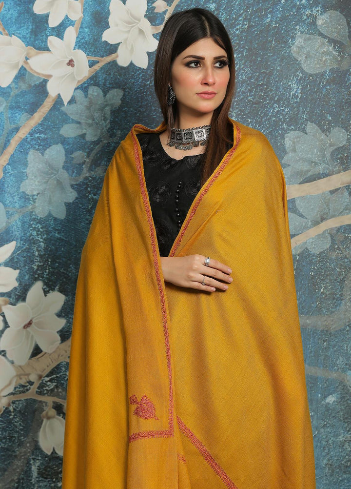 Sanaulla Exclusive Range Embroidered Pashmina  Shawl MIR-32 Lemon - Pashmina Shawls