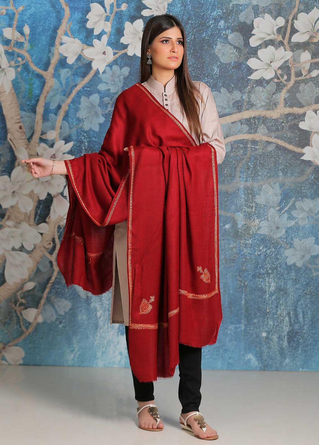 Sanaulla Exclusive Range Embroidered Pashmina  Shawl SU21PP MIR-32 Maroon - Pure Pashmina Shawls