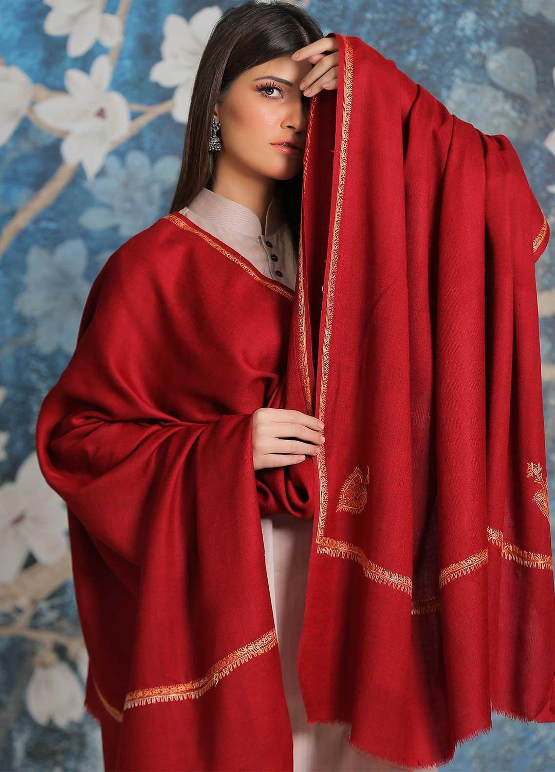 Sanaulla Exclusive Range Embroidered Pashmina  Shawl SU21PP MIR-32 Maroon - Pure Pashmina Shawls