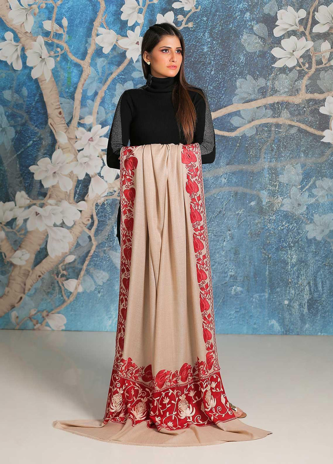 Sanaulla Exclusive Range Embroidered Pashmina  Shawl SU21PP MIR-33 Maroon 1 - Pure Pashmina Shawls