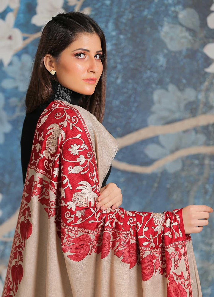 Sanaulla Exclusive Range Embroidered Pashmina  Shawl SU21PP MIR-33 Maroon 1 - Pure Pashmina Shawls