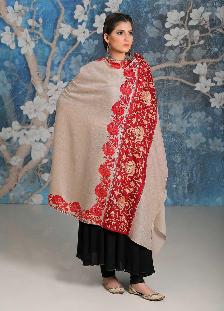 Sanaulla Exclusive Range Embroidered Pashmina  Shawl SU21PP MIR-33 Maroon 2 - Pure Pashmina Shawls