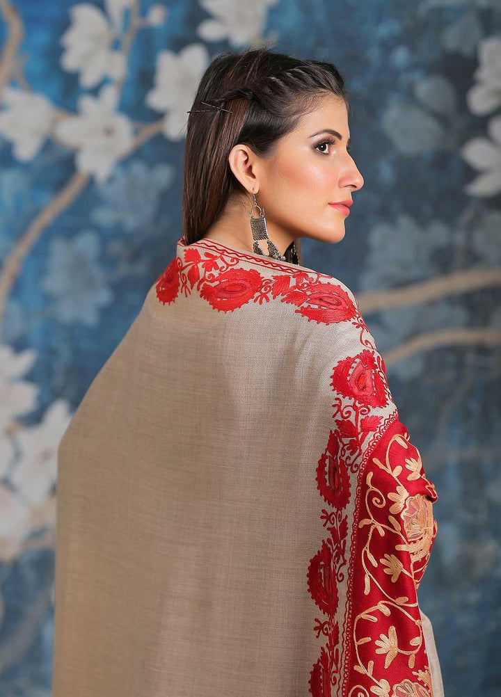 Sanaulla Exclusive Range Embroidered Pashmina  Shawl SU21PP MIR-33 Maroon 2 - Pure Pashmina Shawls