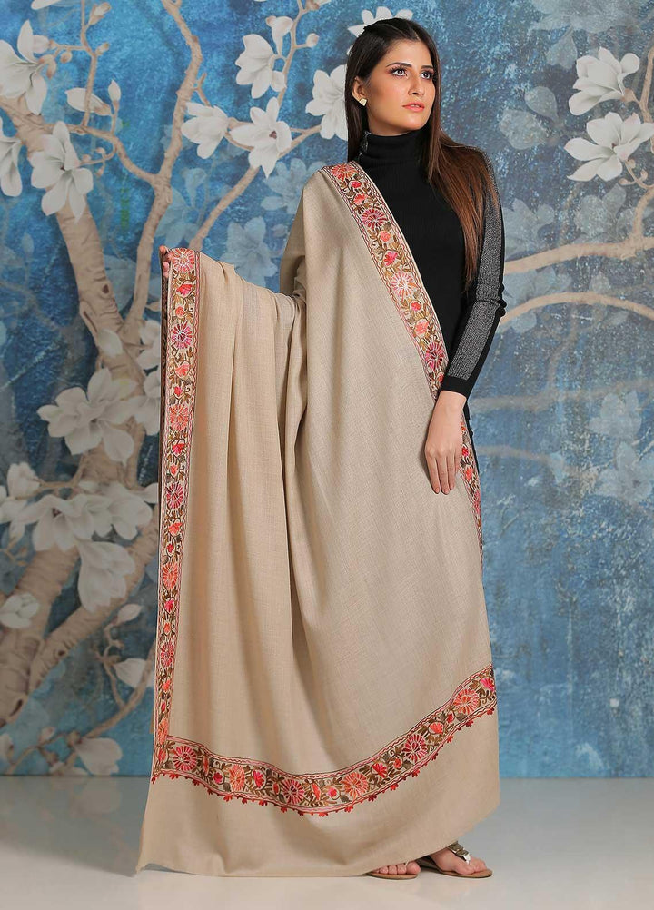 Sanaulla Exclusive Range Embroidered Pashmina  Shawl SU21PP MIR-34 Fawn 1 - Pure Pashmina Shawls