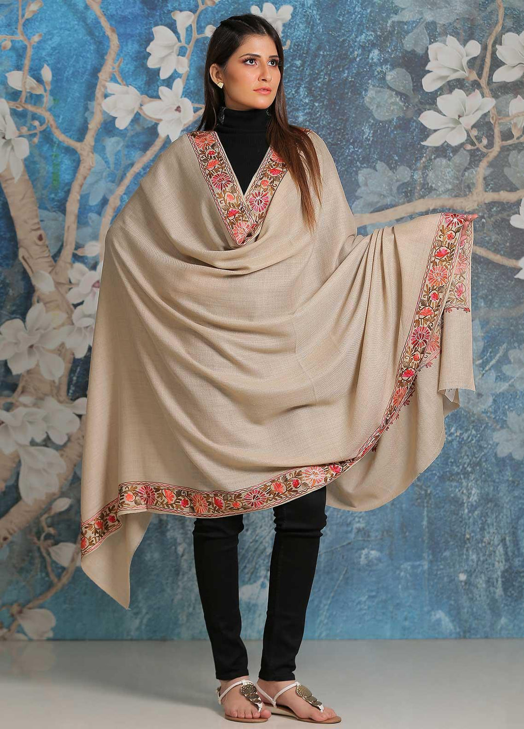 Sanaulla Exclusive Range Embroidered Pashmina  Shawl SU21PP MIR-34 Fawn 1 - Pure Pashmina Shawls