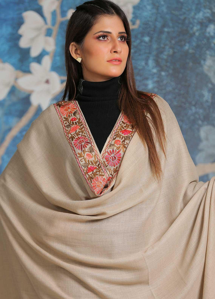 Sanaulla Exclusive Range Embroidered Pashmina  Shawl SU21PP MIR-34 Fawn 1 - Pure Pashmina Shawls