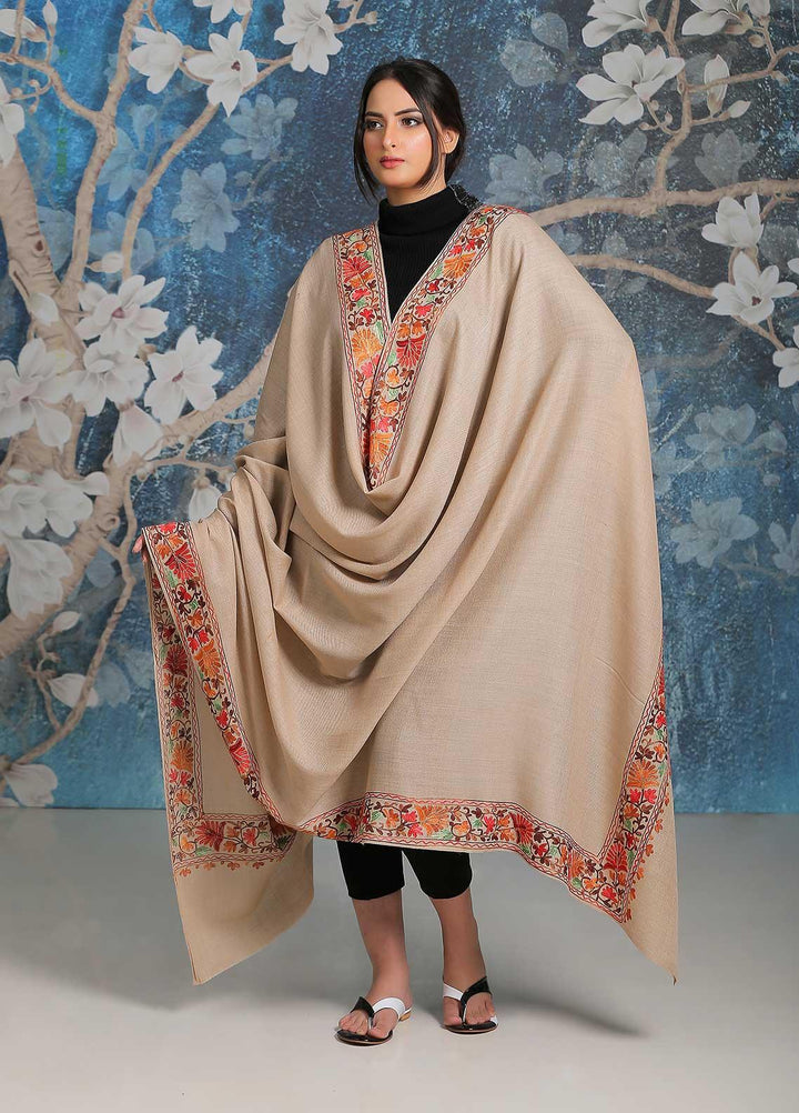 Sanaulla Exclusive Range Embroidered Pashmina  Shawl SU21PP MIR-34 Fawn 12 - Pure Pashmina Shawls
