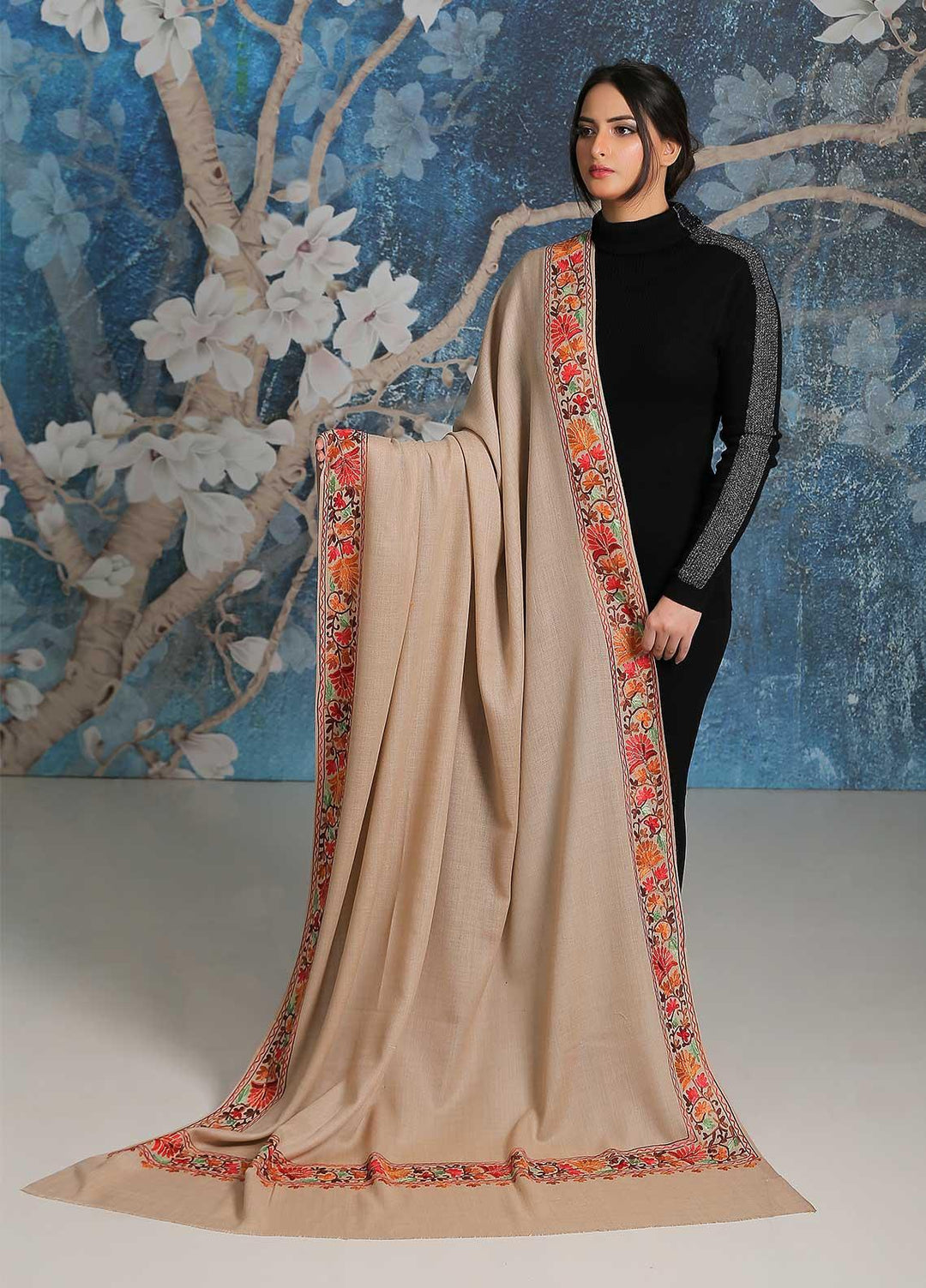 Sanaulla Exclusive Range Embroidered Pashmina  Shawl SU21PP MIR-34 Fawn 12 - Pure Pashmina Shawls