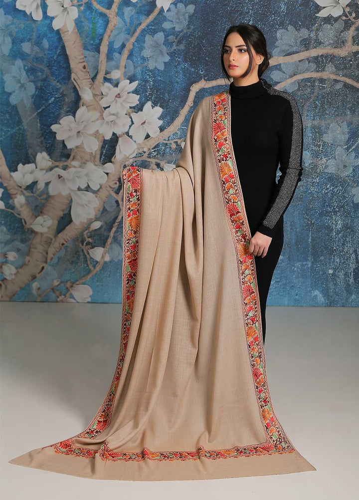 Sanaulla Exclusive Range Embroidered Pashmina  Shawl SU21PP MIR-34 Fawn 12 - Pure Pashmina Shawls