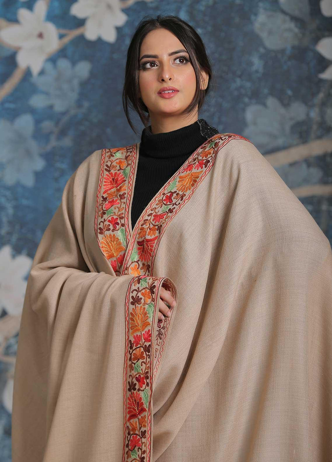 Sanaulla Exclusive Range Embroidered Pashmina  Shawl SU21PP MIR-34 Fawn 12 - Pure Pashmina Shawls