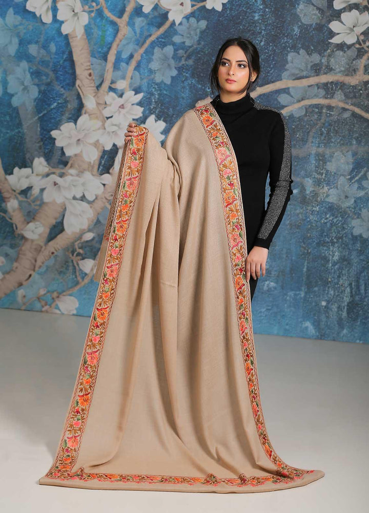 Sanaulla Exclusive Range Embroidered Pashmina  Shawl SU21PP MIR-34 Fawn 7 - Pure Pashmina Shawls