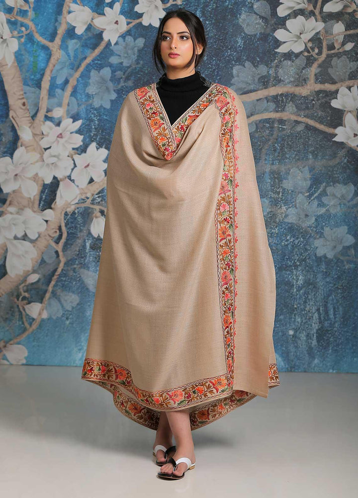 Sanaulla Exclusive Range Embroidered Pashmina  Shawl SU21PP MIR-34 Fawn 7 - Pure Pashmina Shawls