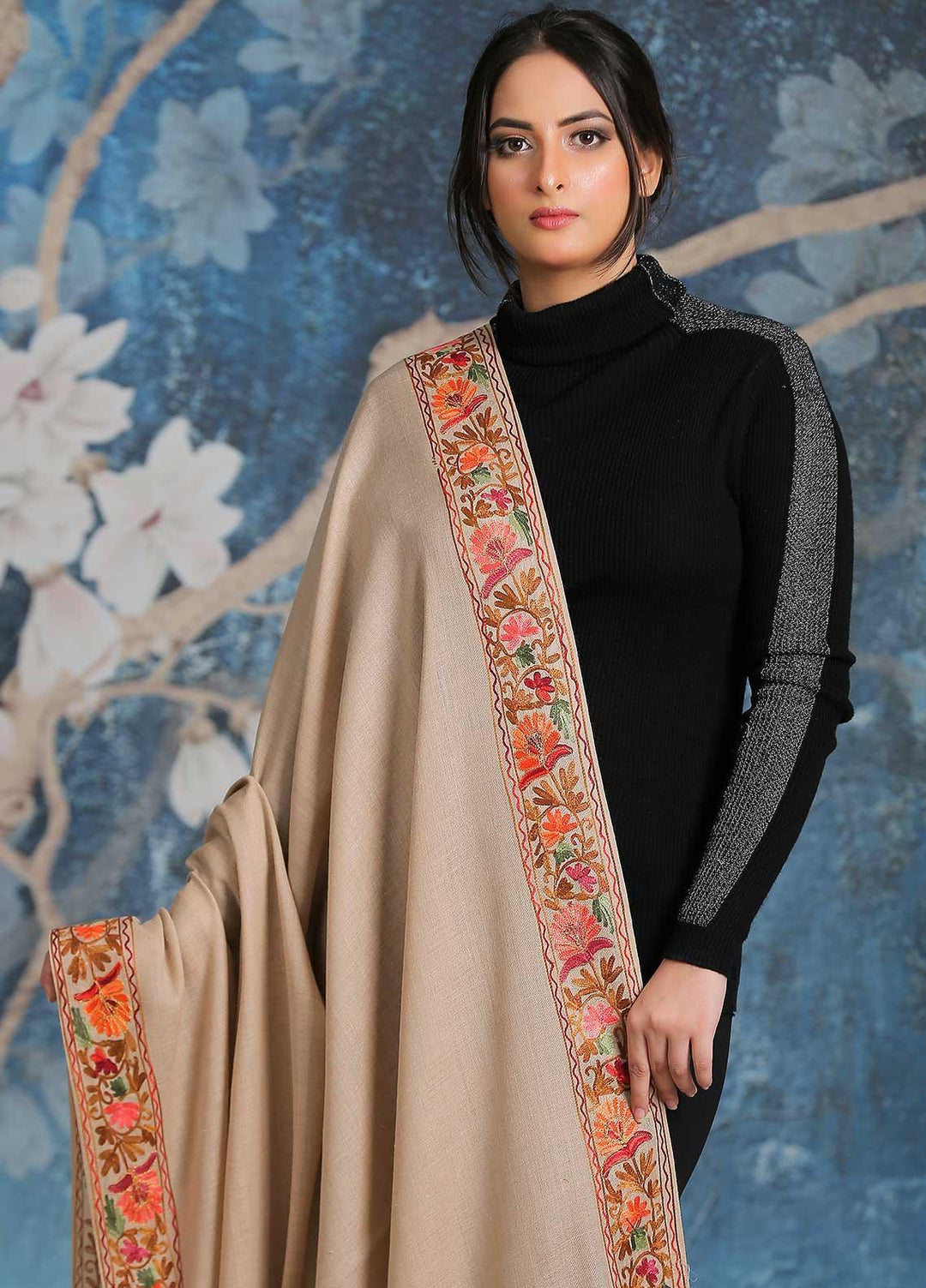 Sanaulla Exclusive Range Embroidered Pashmina  Shawl SU21PP MIR-34 Fawn 7 - Pure Pashmina Shawls