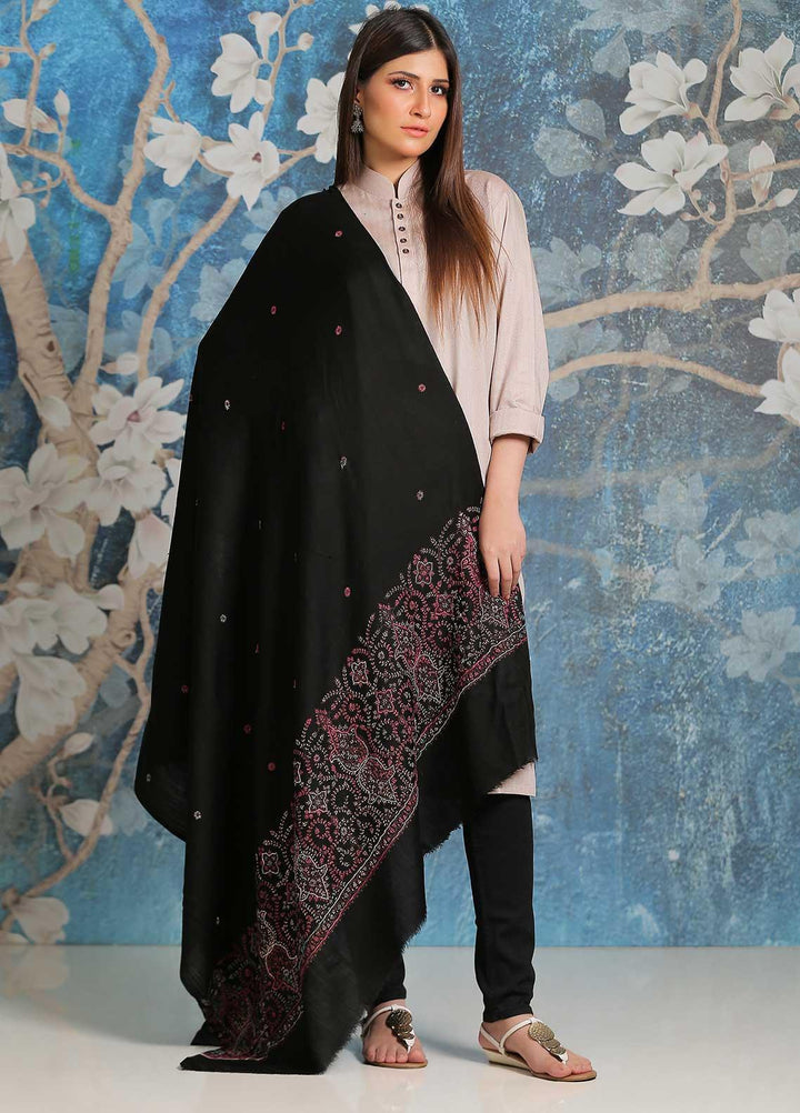 Sanaulla Exclusive Range Embroidered Pashmina  Shawl SU21PP MIR-35 Black - Pure Pashmina Shawls