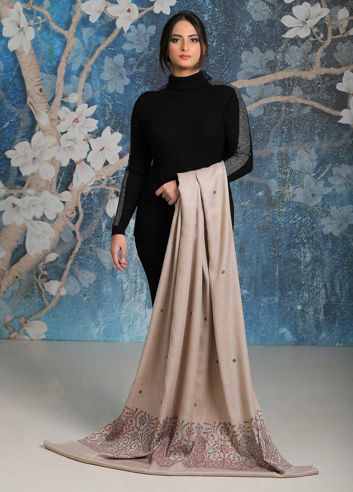 Sanaulla Exclusive Range Embroidered Pashmina  Shawl SU21PP MIR-35 Brown 2 - Pure Pashmina Shawls