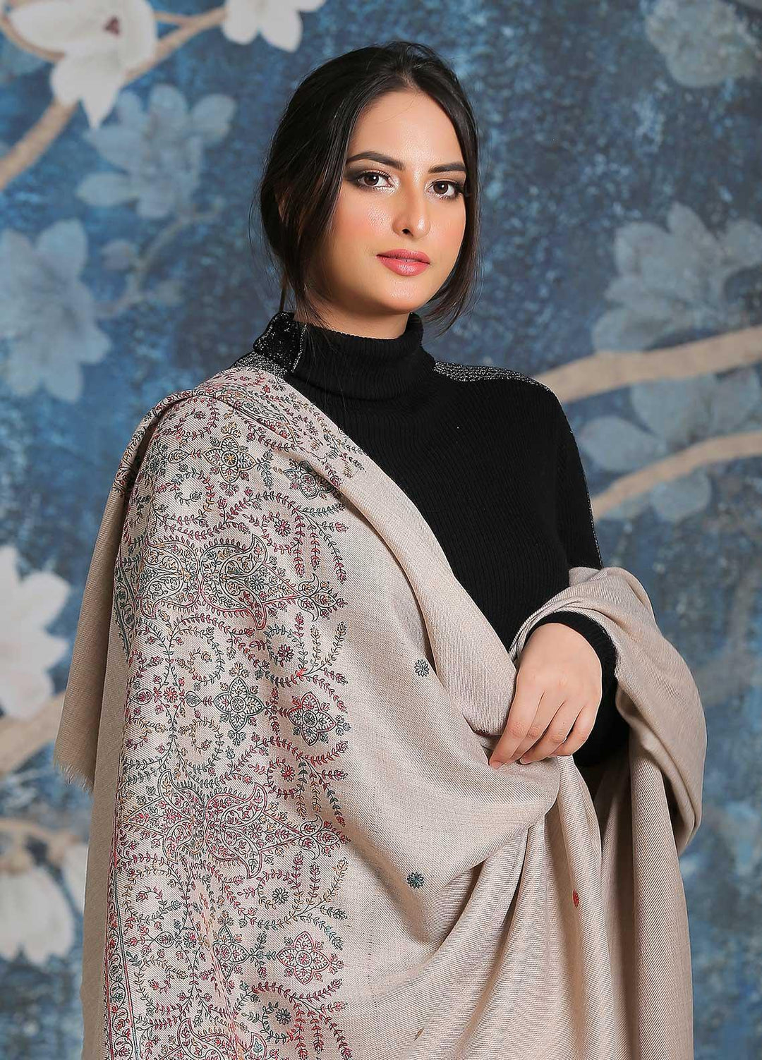 Sanaulla Exclusive Range Embroidered Pashmina  Shawl SU21PP MIR-35 Brown 2 - Pure Pashmina Shawls