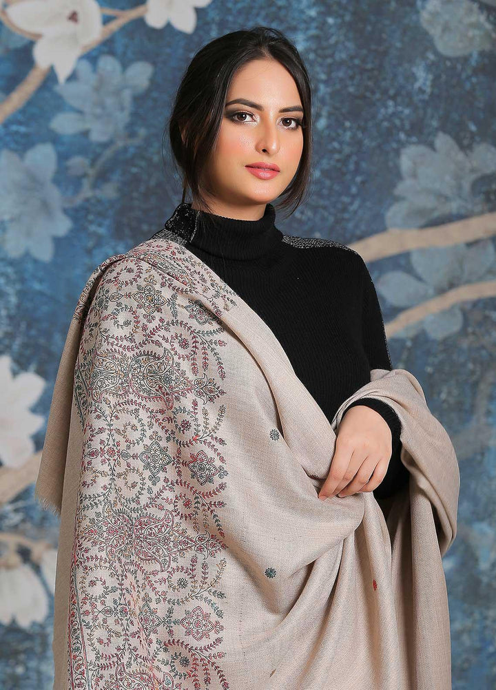 Sanaulla Exclusive Range Embroidered Pashmina  Shawl SU21PP MIR-35 Brown 2 - Pure Pashmina Shawls