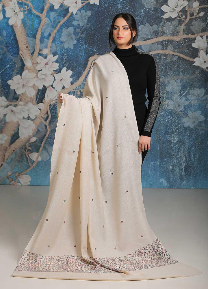Sanaulla Exclusive Range Embroidered Pashmina  Shawl SU21PP MIR-35 Fawn 3 - Pure Pashmina Shawls