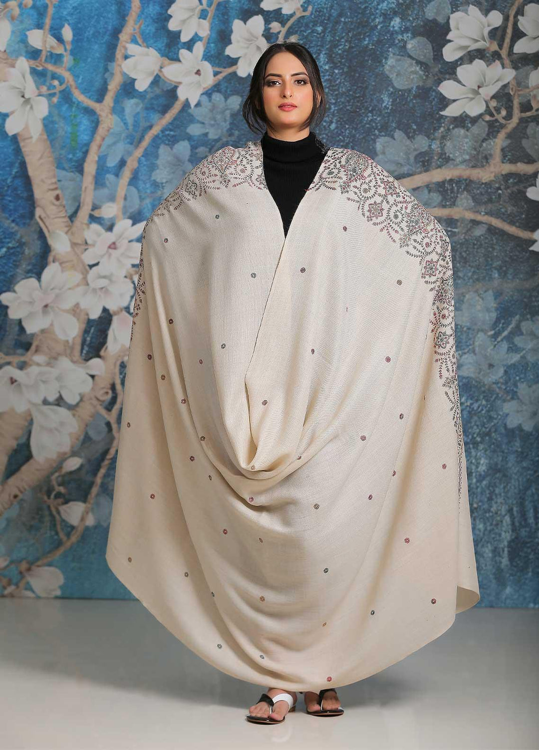 Sanaulla Exclusive Range Embroidered Pashmina  Shawl SU21PP MIR-35 Fawn 3 - Pure Pashmina Shawls