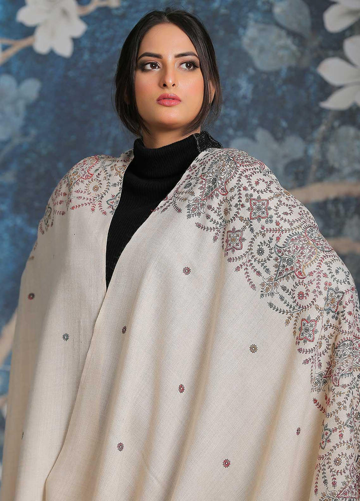 Sanaulla Exclusive Range Embroidered Pashmina  Shawl SU21PP MIR-35 Fawn 3 - Pure Pashmina Shawls