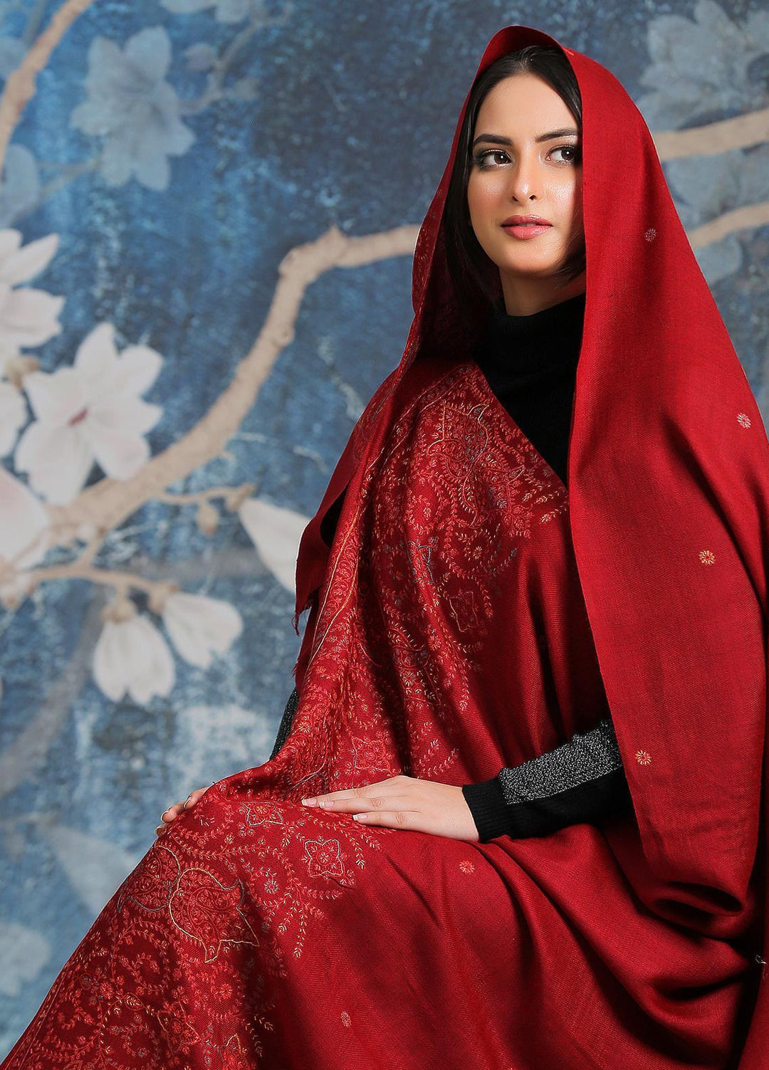 Sanaulla Exclusive Range Embroidered Pashmina  Shawl SU21PP MIR-35 Rust - Pure Pashmina Shawls