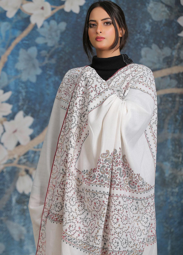 Sanaulla Exclusive Range Embroidered Pashmina  Shawl SU21PP MIR-35 White - Pure Pashmina Shawls