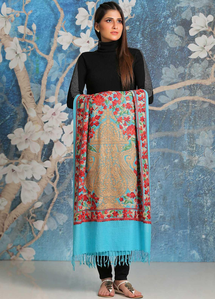 Sanaulla Exclusive Range Embroidered Pashmina  Shawl SU21PP MIR-36 Ferozi - Pure Pashmina Shawls