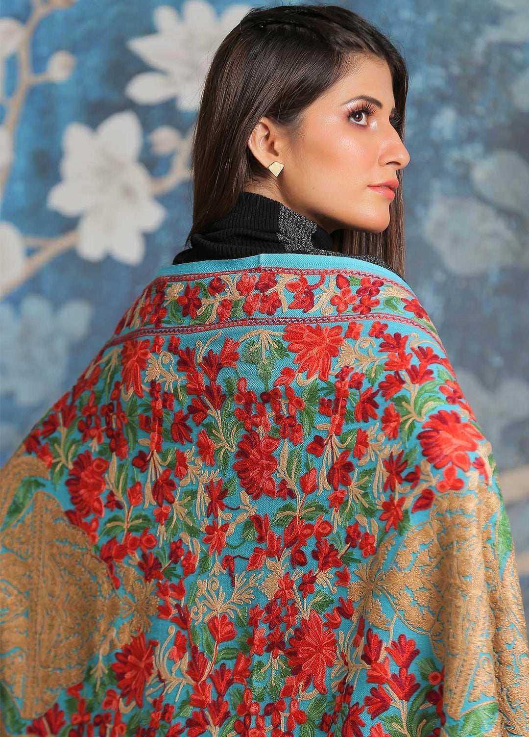 Sanaulla Exclusive Range Embroidered Pashmina  Shawl SU21PP MIR-36 Ferozi - Pure Pashmina Shawls