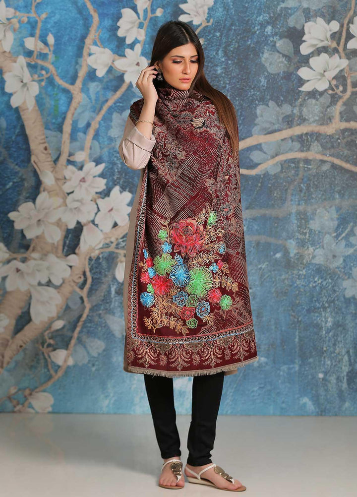 Sanaulla Exclusive Range Embroidered Pashmina  Shawl SU21PP MIR-37 Maroon - Pure Pashmina Shawls