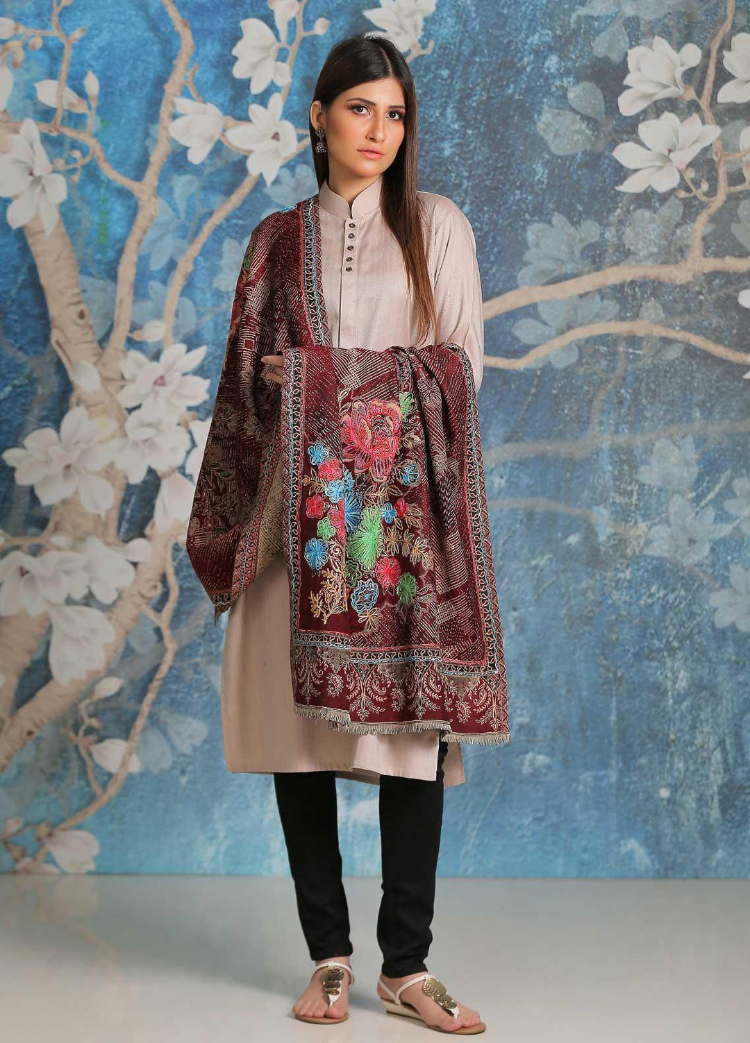 Sanaulla Exclusive Range Embroidered Pashmina  Shawl SU21PP MIR-37 Maroon - Pure Pashmina Shawls