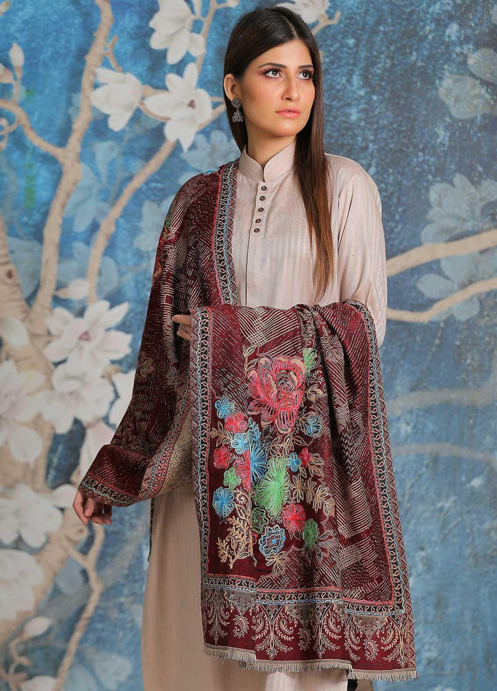 Sanaulla Exclusive Range Embroidered Pashmina  Shawl SU21PP MIR-37 Maroon - Pure Pashmina Shawls