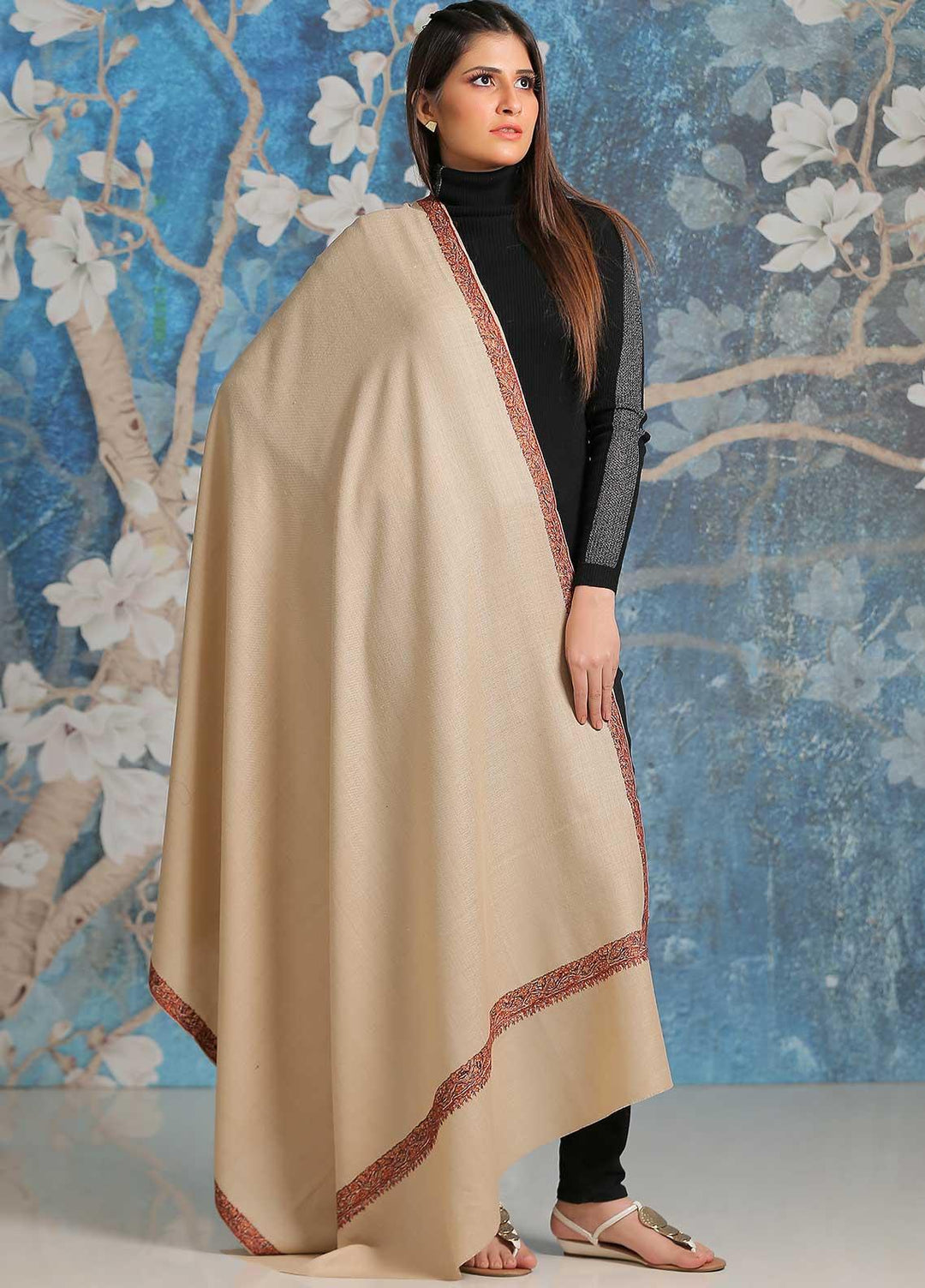 Sanaulla Exclusive Range  Pashmina  Shawl SU21PP MIR-39 Fawn 1 - Pure Pashmina Shawls