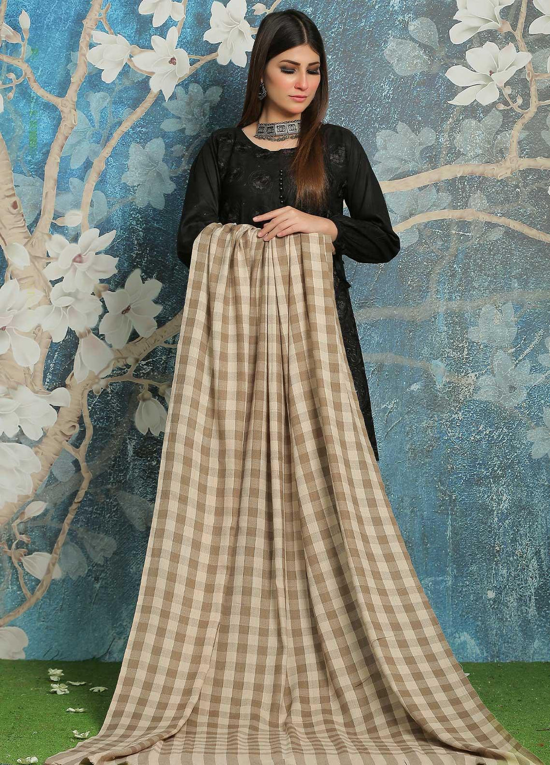 Sanaulla Exclusive Range Embroidered Pashmina  Shawl MIR-40 Brown 2 - Pashmina Shawls