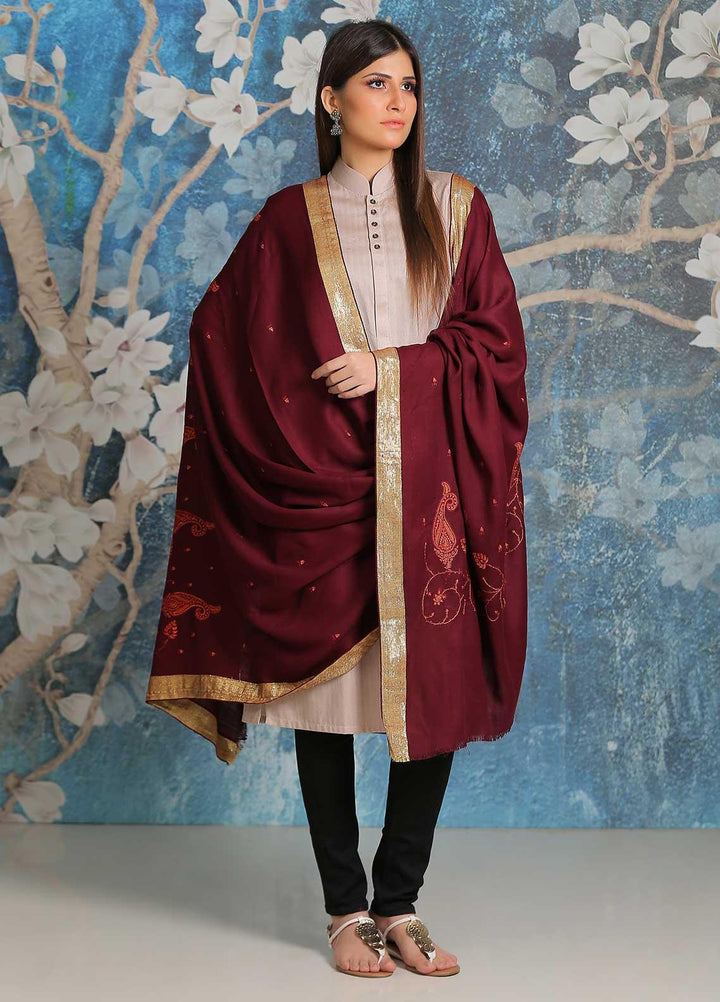 Sanaulla Exclusive Range Embroidered Pashmina  Shawl SU21PP MIR-41 Rust - Pure Pashmina Shawls