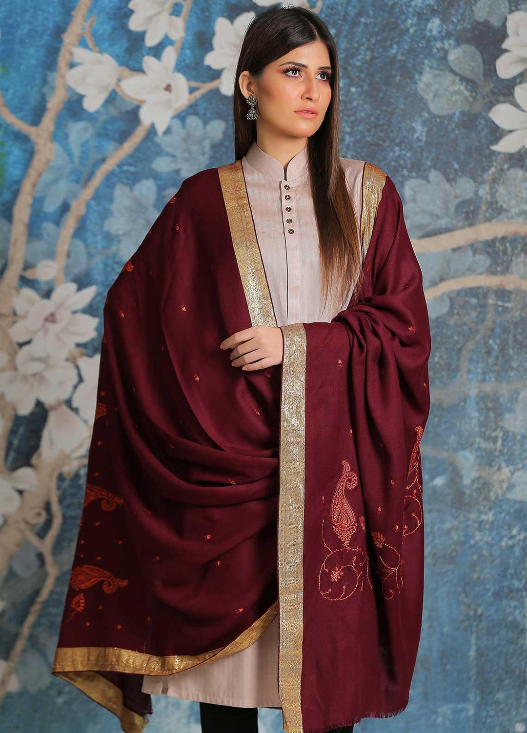 Sanaulla Exclusive Range Embroidered Pashmina  Shawl SU21PP MIR-41 Rust - Pure Pashmina Shawls