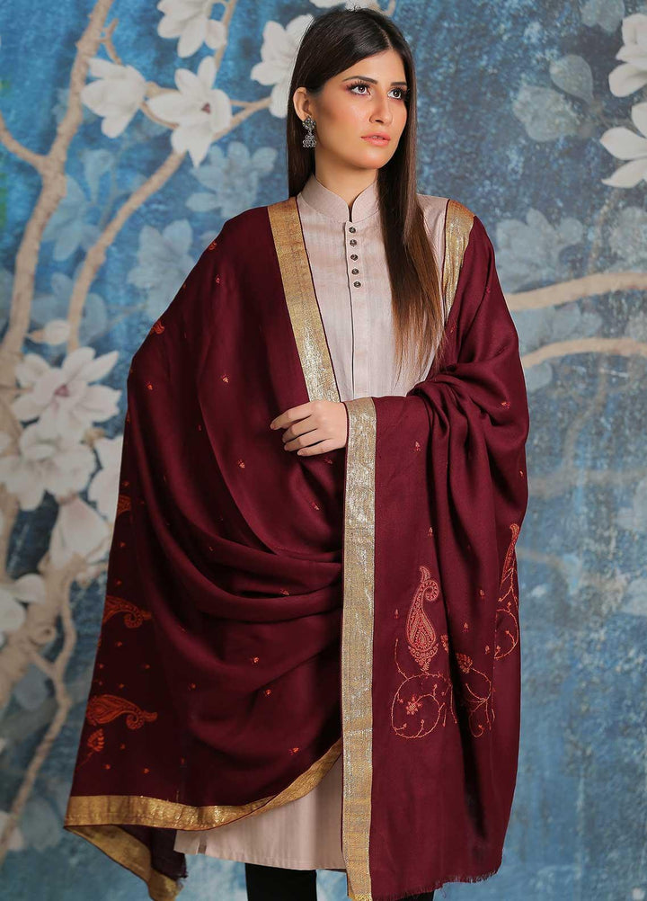 Sanaulla Exclusive Range Embroidered Pashmina  Shawl SU21PP MIR-41 Rust - Pure Pashmina Shawls