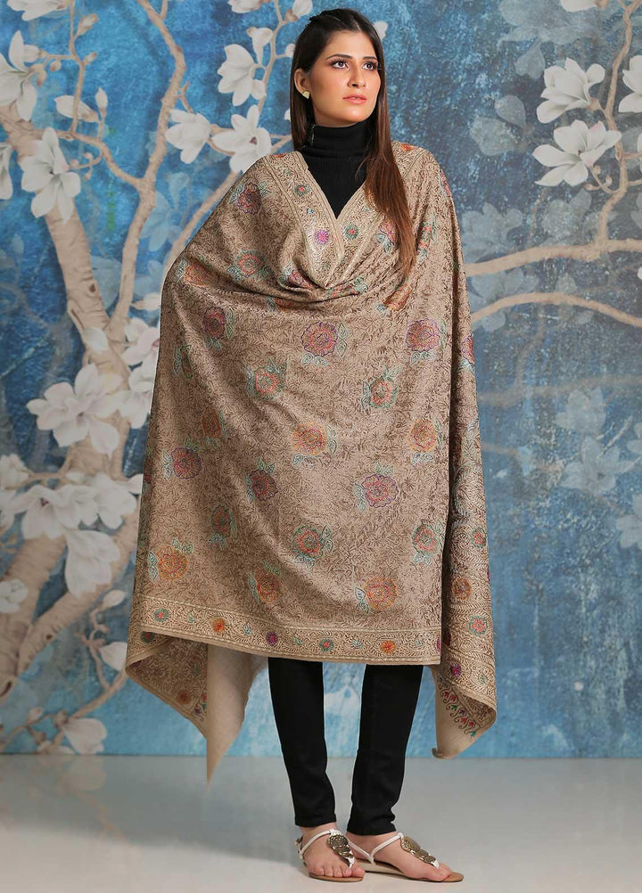 Sanaulla Exclusive Range Embroidered Pashmina  Shawl SU21PP MIR-43 Beige - Pure Pashmina Shawls