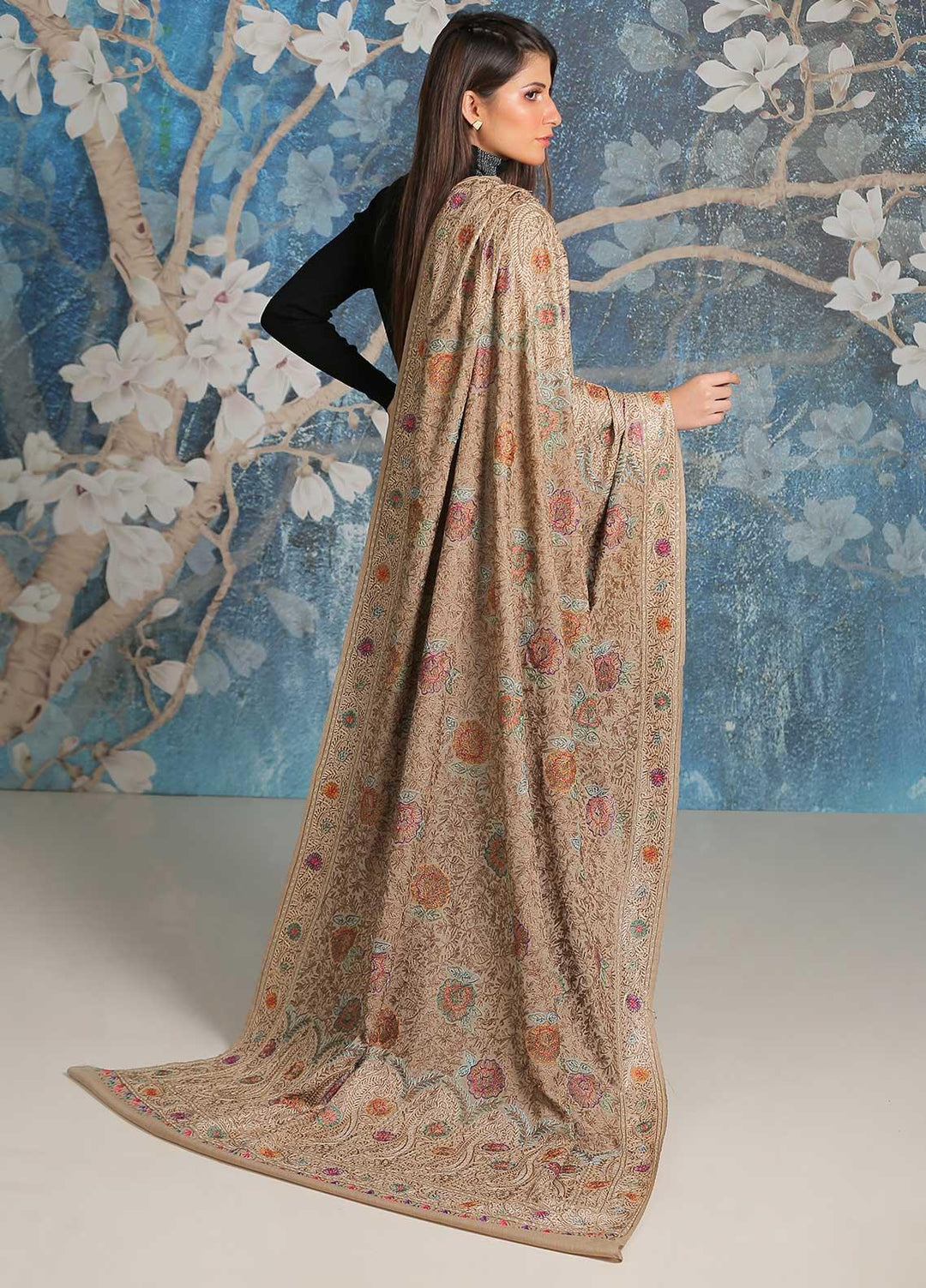 Sanaulla Exclusive Range Embroidered Pashmina  Shawl SU21PP MIR-43 Beige - Pure Pashmina Shawls