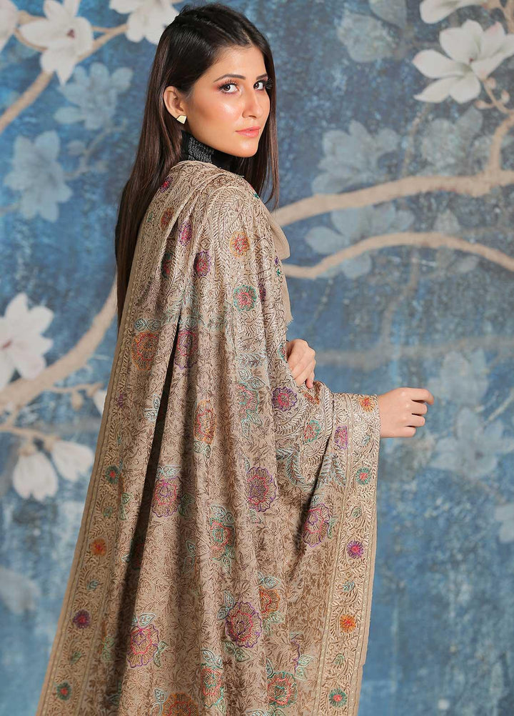 Sanaulla Exclusive Range Embroidered Pashmina  Shawl SU21PP MIR-43 Beige - Pure Pashmina Shawls