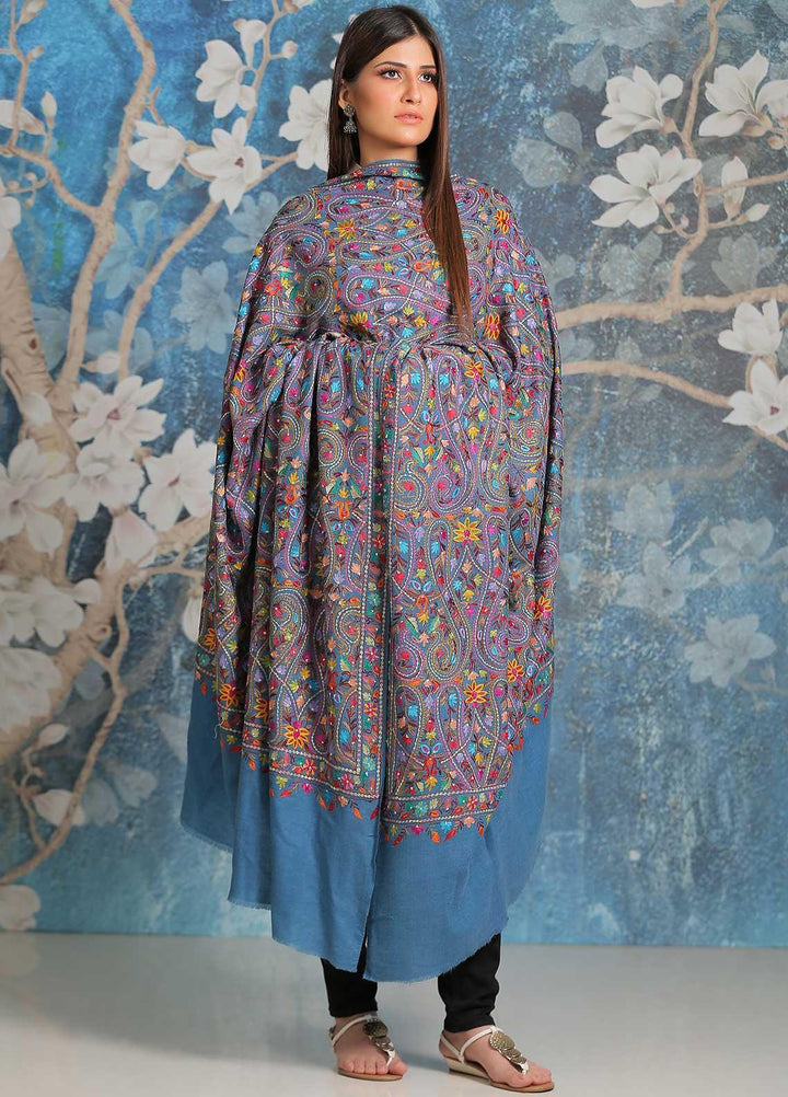 Sanaulla Exclusive Range Embroidered Pashmina  Shawl SU21PP MIR-44 Blue 1 - Pure Pashmina Shawls