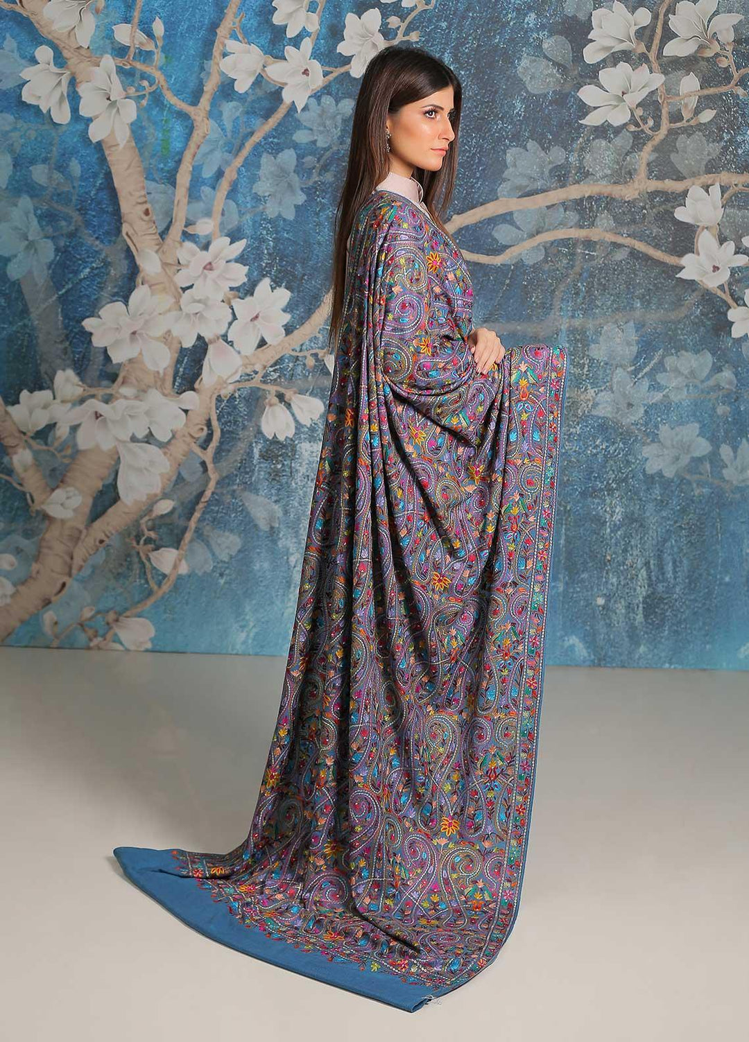 Sanaulla Exclusive Range Embroidered Pashmina  Shawl SU21PP MIR-44 Blue 1 - Pure Pashmina Shawls