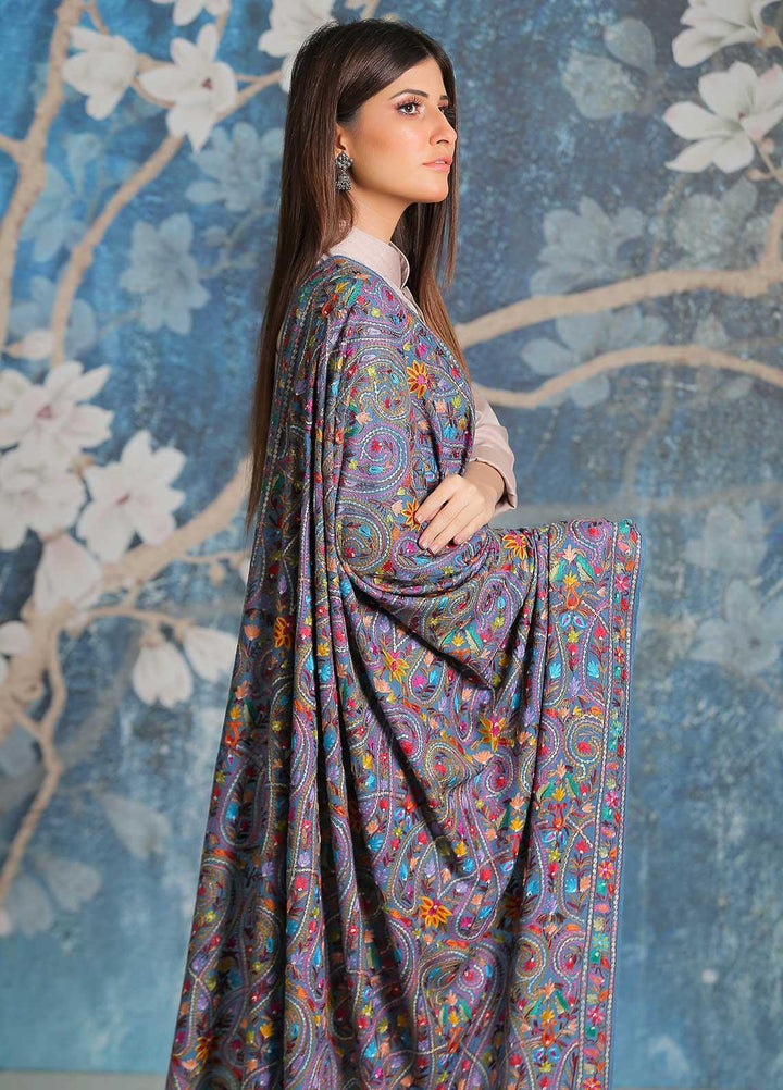 Sanaulla Exclusive Range Embroidered Pashmina  Shawl SU21PP MIR-44 Blue 1 - Pure Pashmina Shawls