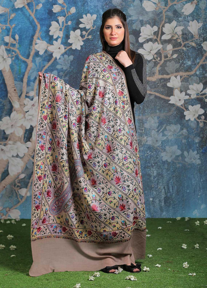 Sanaulla Exclusive Range Embroidered Pashmina  Shawl SU21PP MIR-44 Brown 2 - Pure Pashmina Shawls