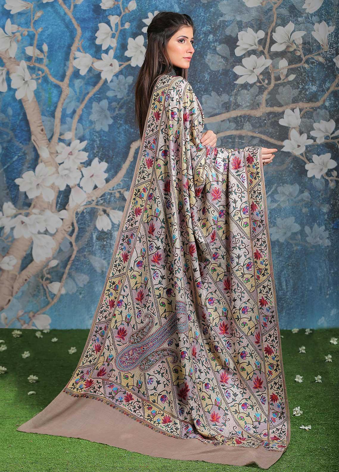 Sanaulla Exclusive Range Embroidered Pashmina  Shawl SU21PP MIR-44 Brown 2 - Pure Pashmina Shawls