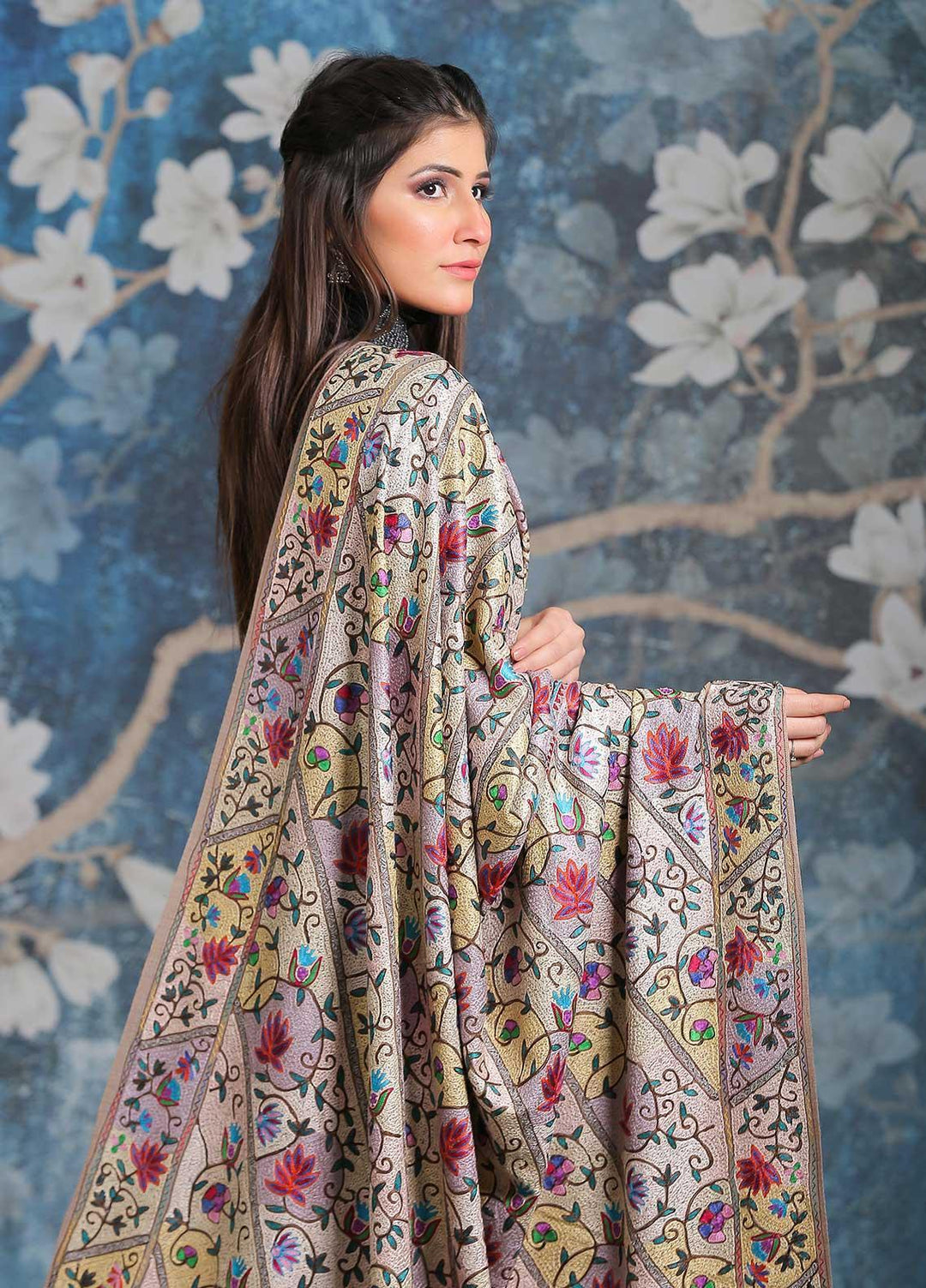 Sanaulla Exclusive Range Embroidered Pashmina  Shawl SU21PP MIR-44 Brown 2 - Pure Pashmina Shawls