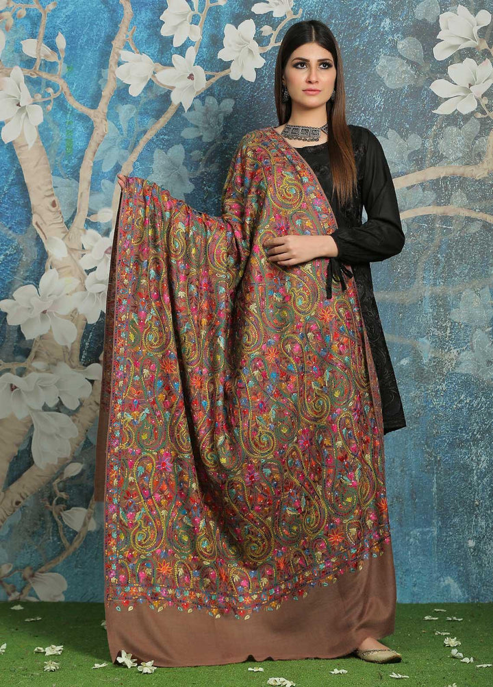 Sanaulla Exclusive Range Embroidered Pashmina  Shawl MIR-44 Brown 3 - Pashmina Shawls
