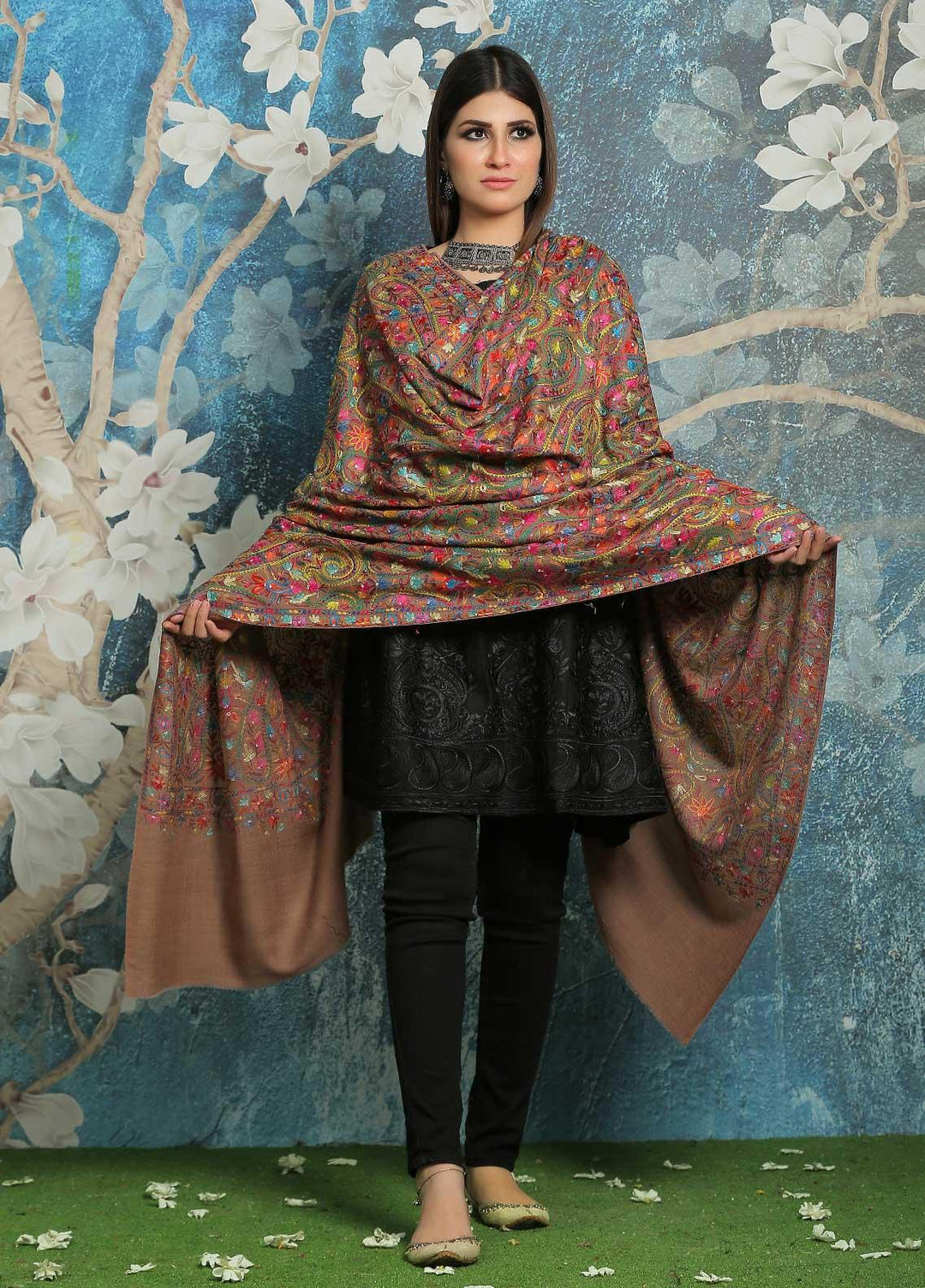 Sanaulla Exclusive Range Embroidered Pashmina  Shawl MIR-44 Brown 3 - Pashmina Shawls