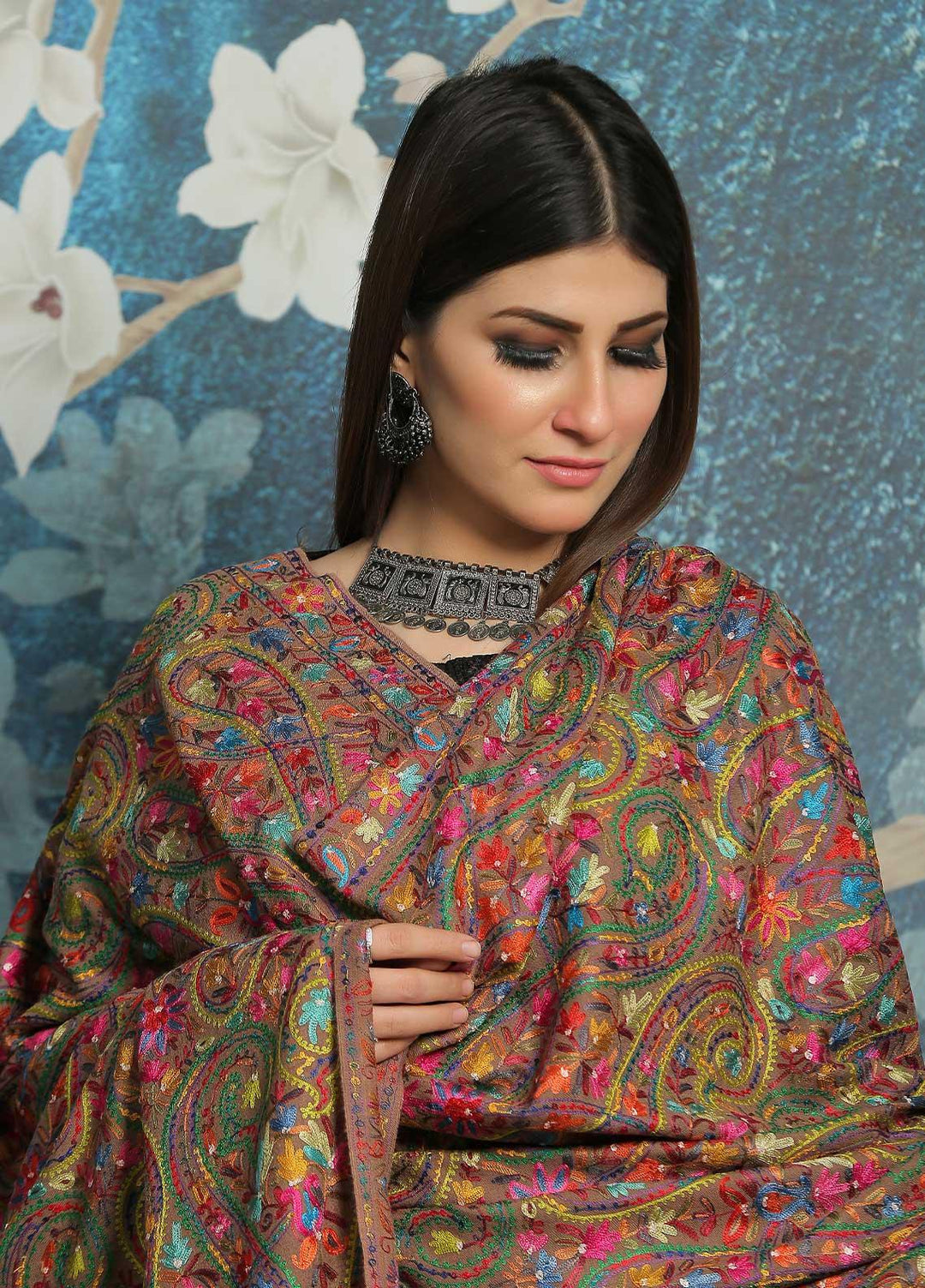 Sanaulla Exclusive Range Embroidered Pashmina  Shawl MIR-44 Brown 3 - Pashmina Shawls